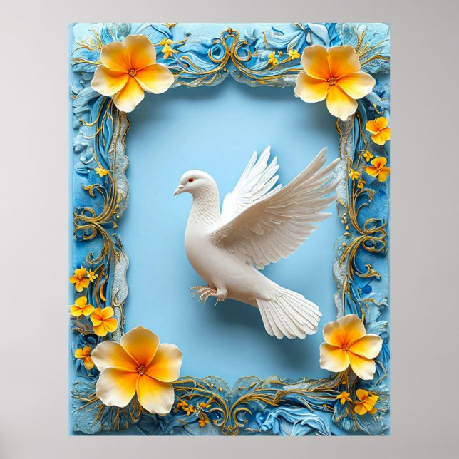 Affiche Colombe blanche dans un cadre bleu orné (Devant)
