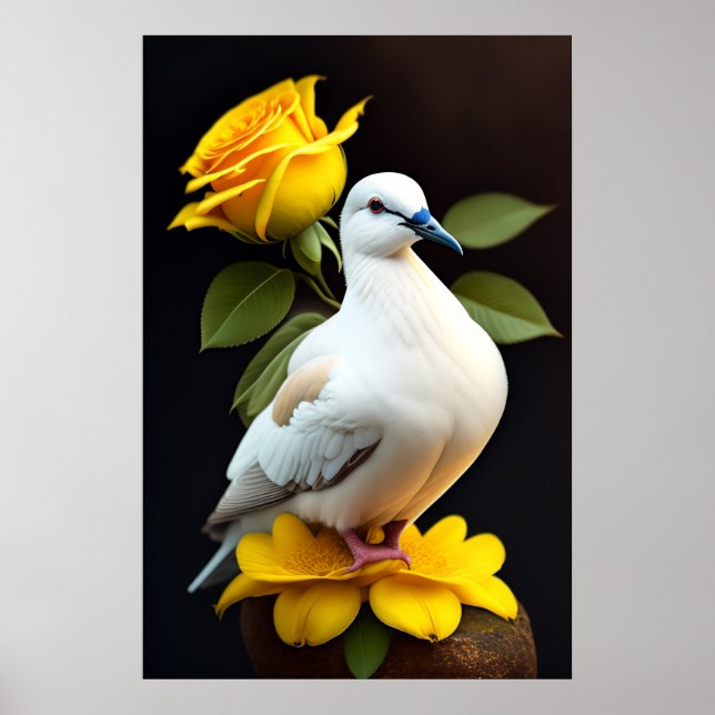 Affiche - Colombe blanche Fleurs jaunes Paix (Devant)