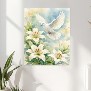 Affiche Colombe chrétienne et lis à l'aquarelle