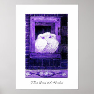 Affiche COLOMBES BLANCHES À LA FENÊTRE, bleu violet