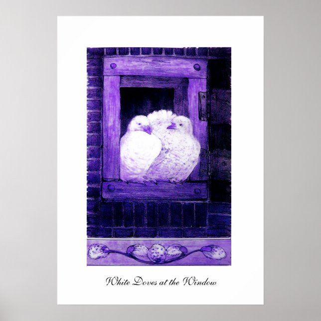 Affiche COLOMBES BLANCHES À LA FENÊTRE, bleu violet (Devant)