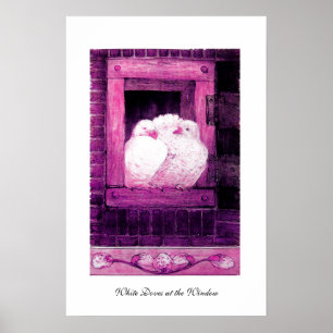 Affiche COLOMBES BLANCHES À LA FENÊTRE, rose violet pourpr
