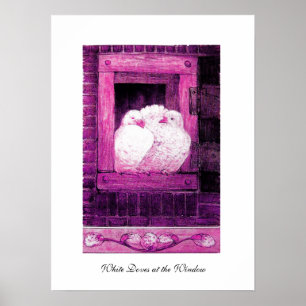 Affiche COLOMBES BLANCHES À LA FENÊTRE, rose violet pourpr