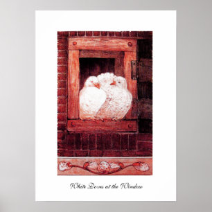 Affiche COLOMBES BLANCHES À LA FENÊTRE, rouge rose