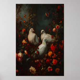 Affiche Colombes dans le jardin sombre académia, mur botan