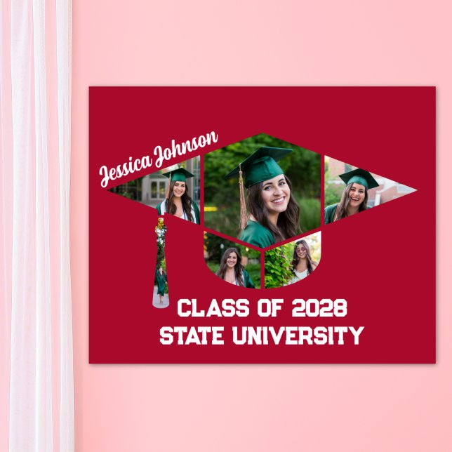 Affiche Colonne photo de forme de capuchon de graduation r (Modern Red Graduate Photo Collage Poster Print)