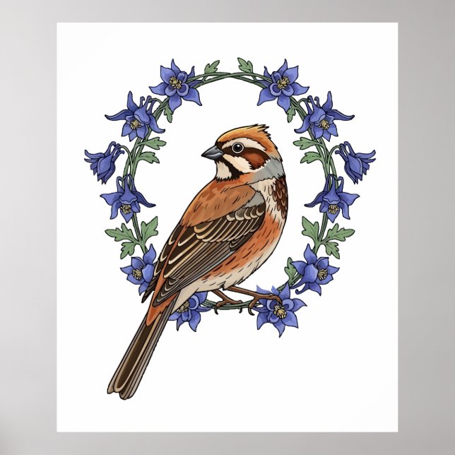 Affiche Colorado Lark Bunting Bird Surrounded By Columbine (Devant)