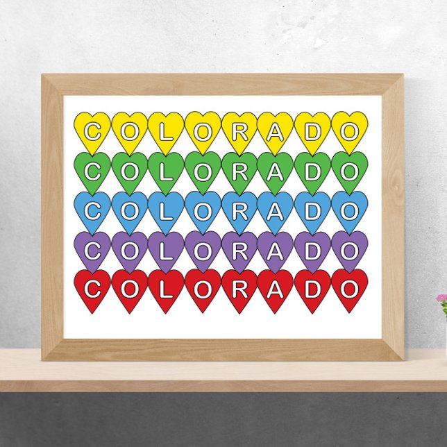 Affiche Colorado US State Hearts coloré (A poster of colorful hearts with the word Colorado inside.)