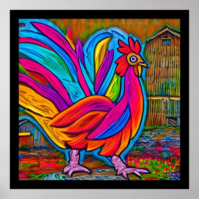Affiche Coloré Abstrait Cartoon Barn Rooster (Devant)