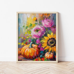 Affiche Coloré Automne Floral et Citrouille