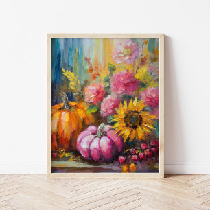 Affiche Coloré Automne Floral et Citrouille