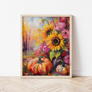 Affiche Coloré Automne Floral et Citrouille