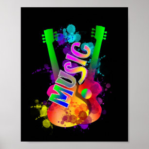 Affiche Coloré Bright Popping Guitare Musique Paint Splats