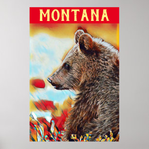 Affiche Coloré Grizzly Oear Pop Art Montana Travel