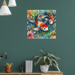 Affiche Coloré Koi Poisson Whimsical Aquarelle Orange Turq