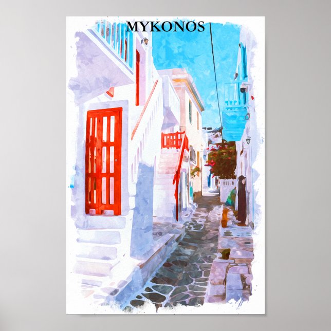 Affiche Coloré Mykonos Grèce Rétro Voyage Aquarelle (Devant)