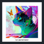 Affiche Coloré Pop Art Editable Chat et papillon<br><div class="desc">Cette image présente un gros plan du visage d’un chat avec un papillon multicolore et vibrant qui plane près de son nez. Les yeux du chat sont grands et très verts, ce qui ajoute à l’effet captivant de la scène. L'arrière - plan est composé de motifs dynamiques et abstraits, de...</div>