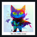 Affiche Coloré Pop Art Editable Super Hero Chat<br><div class="desc">Cette image d'un chat en uniforme de super héros est créée dans le style pop art coloré. L'image comprend le dicton "Neuf vies,  courage sans fin",  qui est personnalisable. L'image est haute résolution 6953 x 6325 ppi. Il est téléchargeable.</div>