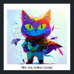 Affiche Coloré Pop Art Editable Super Hero Chat<br><div class="desc">Cette image d'un chat en uniforme de super héros est créée dans le style pop art coloré. L'image comprend le dicton "Neuf vies,  courage sans fin",  qui est personnalisable. L'image est haute résolution 6953 x 6325 ppi. Il est téléchargeable.</div>