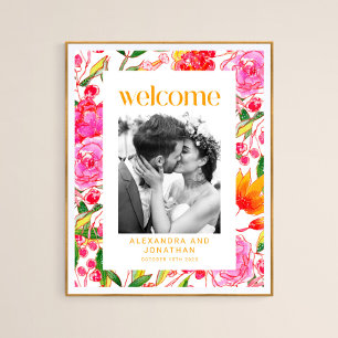 Affiche Coloré rose orange Mariage Floral Bienvenue Photo