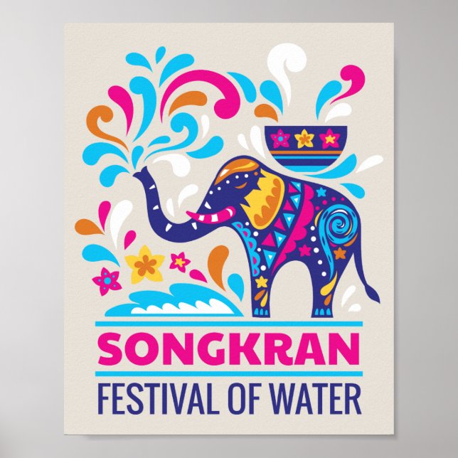 Affiche Colorée Festival Songkran Eau Eléphante (Devant)
