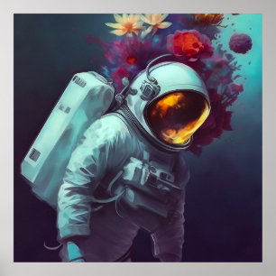 Affiche Colorful Astronaut in Space with Flowers Artwork  