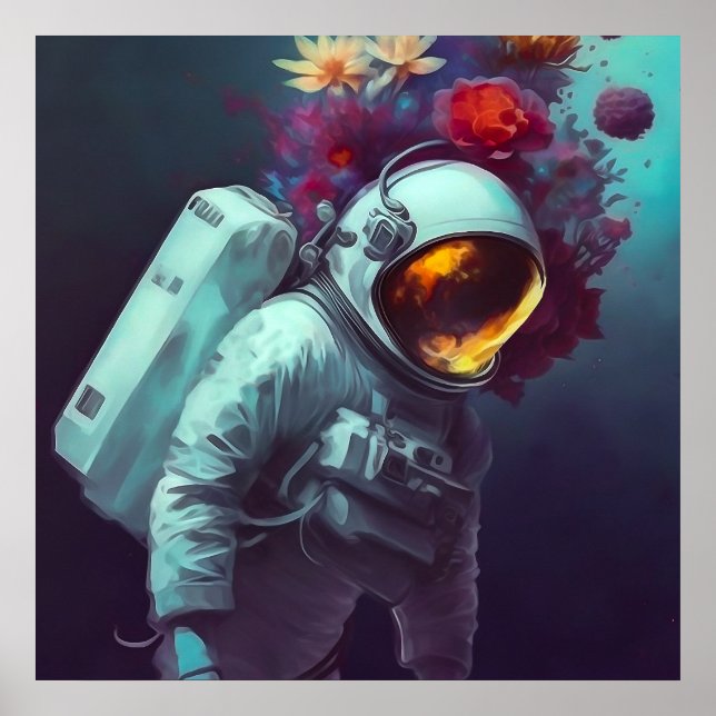 Affiche Colorful Astronaut in Space with Flowers Artwork | (Devant)