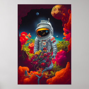 Affiche Colorful Astronaut in Space with Flowers Artwork