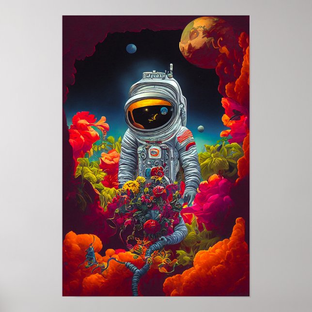 Affiche Colorful Astronaut in Space with Flowers Artwork | (Devant)