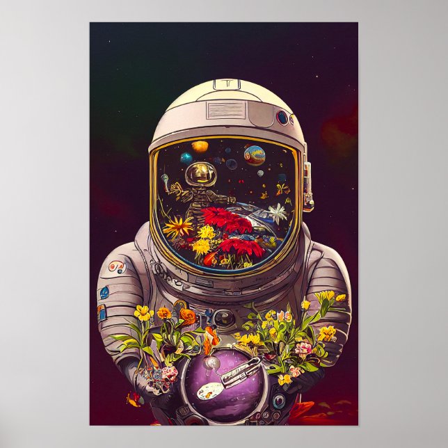Affiche Colorful Astronaut in Space with Flowers Artwork | (Devant)