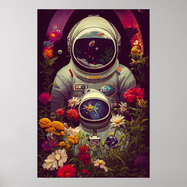 Affiche Colorful Astronauts in Space with Flowers Artwork (Devant)
