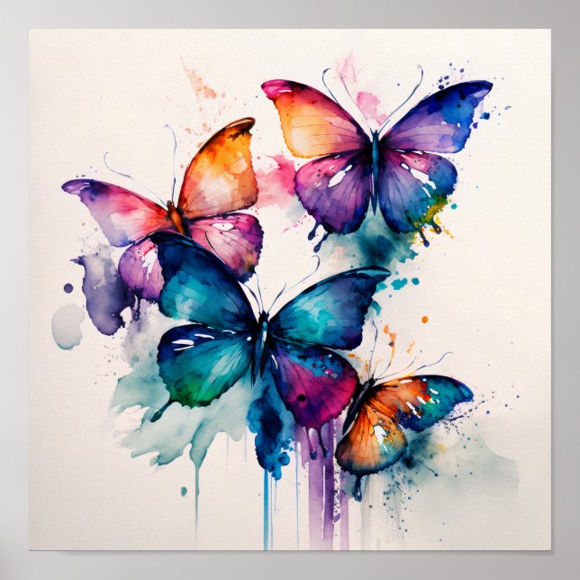 Affiche Colorful Butterflies Abstract Watercolor (Devant)