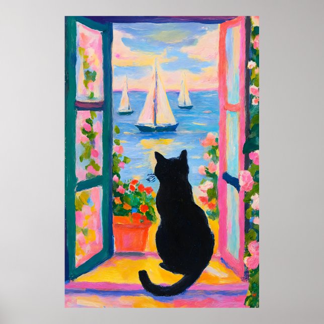 Affiche Colorful Coastal Cat Painting Window Sailboats (Devant)