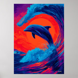 Affiche Colorful Expressionist Dolphin Wave Wall Art