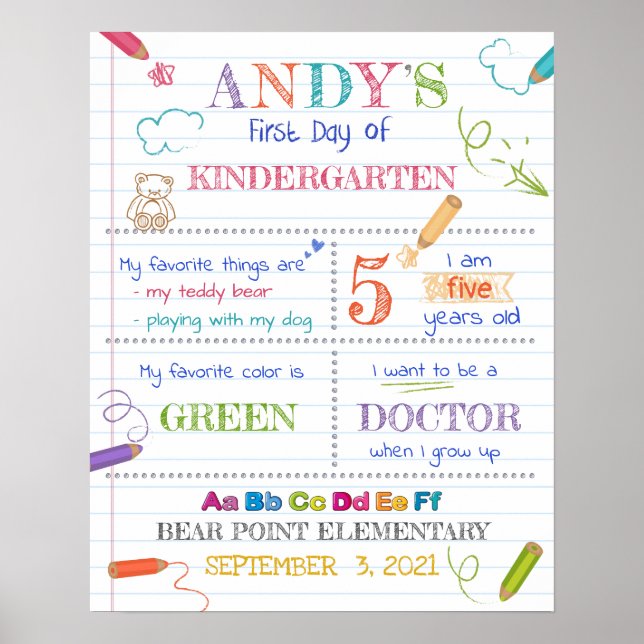 Affiche Colorful First Day of Kindergarten Sign (Devant)