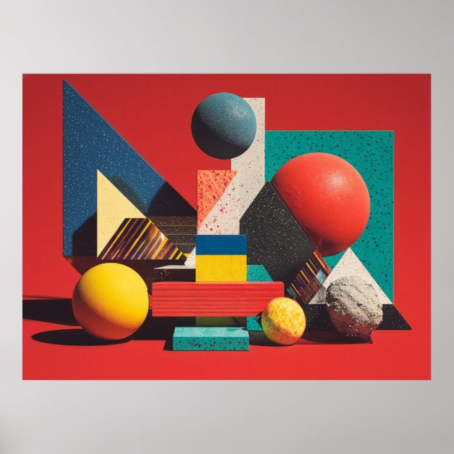 Affiche Colorful Geometric Shapes on Red Background (Devant)