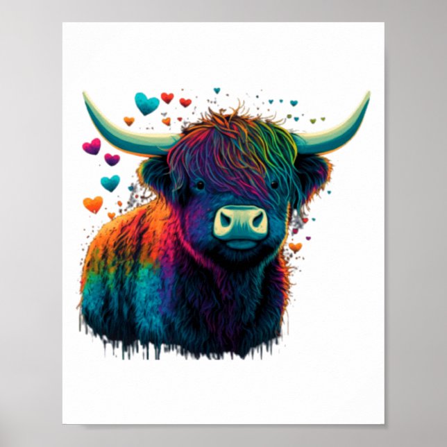 Affiche Colorful Highland Cow Valentines Day Farm Cow  (Devant)