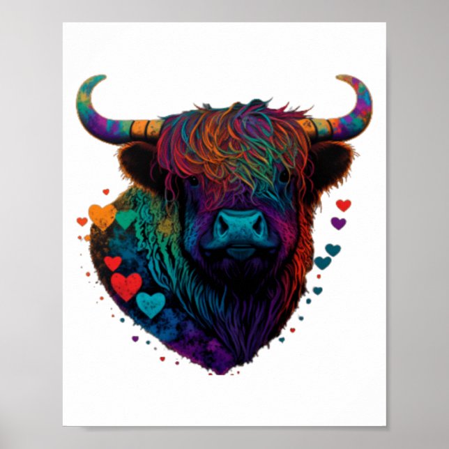 Affiche Colorful Highland Cow Valentines Day Farm Cow 1  (Devant)