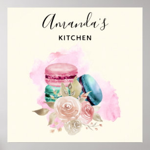 Affiche Colorful Macarons and Flowers Watercolor Kitchen