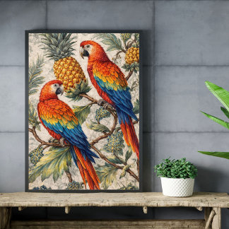 Affiche Colorful Macaw Parrots with Pineapples