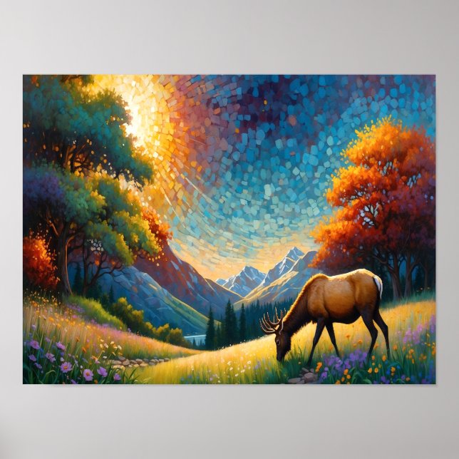 Affiche Colorful Meadow Elk with Flowers Art (Devant)