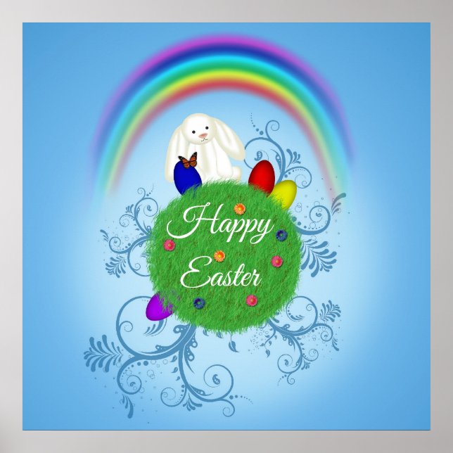 Affiche Colorful Planet & Rainbow Cute Bunny Happy Easter (Devant)