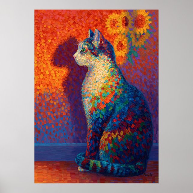 Affiche Colorful Pointillism Cat with Sunflowers Art (Devant)