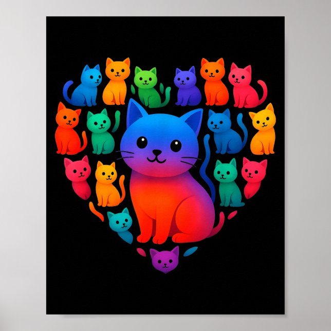 Affiche Colorful Rainbow Cats Heart Valentines Day Cat Gra (Devant)