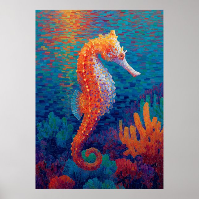 Affiche Colorful Seahorse Pointillism Ocean Painting (Devant)