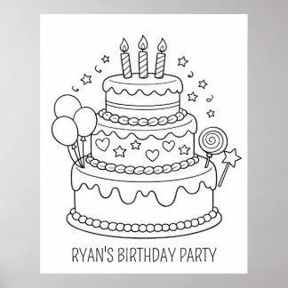 Affiche Coloriage Fête d'anniversaire Gâteau
