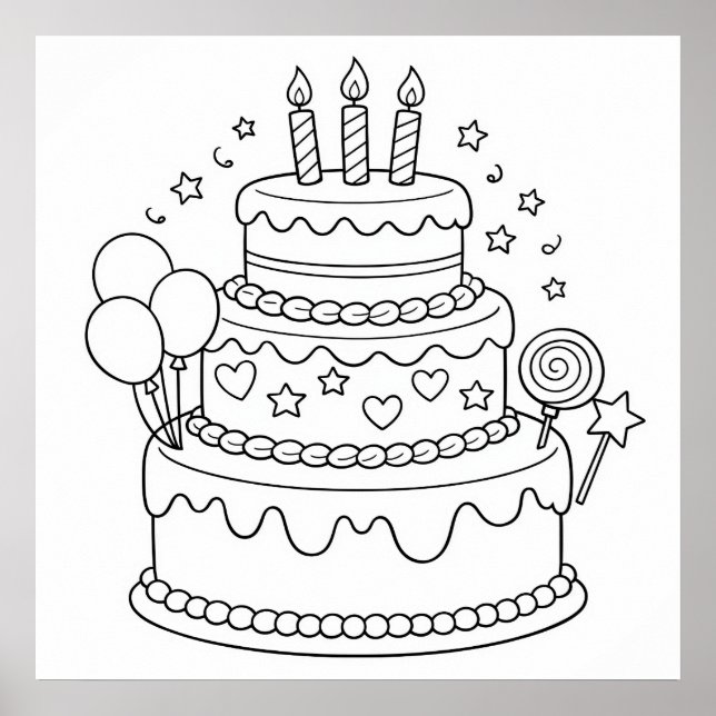 Affiche Coloriage Fête d'anniversaire Gâteau (Devant)