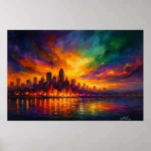 Affiche Colorstorm Metropolis Abstrait Skyline au Crépuscu