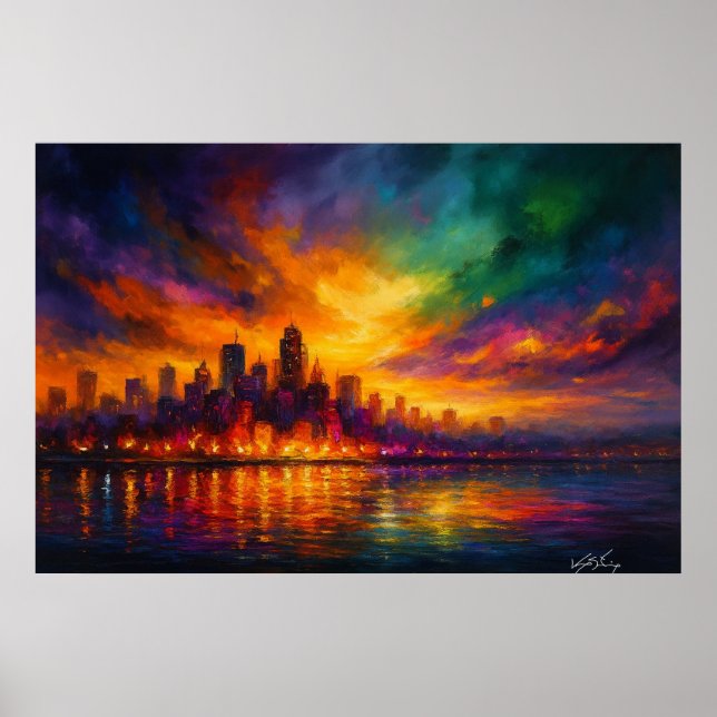 Affiche Colorstorm Metropolis Abstrait Skyline au Crépuscu (Devant)