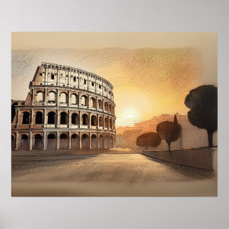 Affiche Colosseum structure in rome sketched at sunset